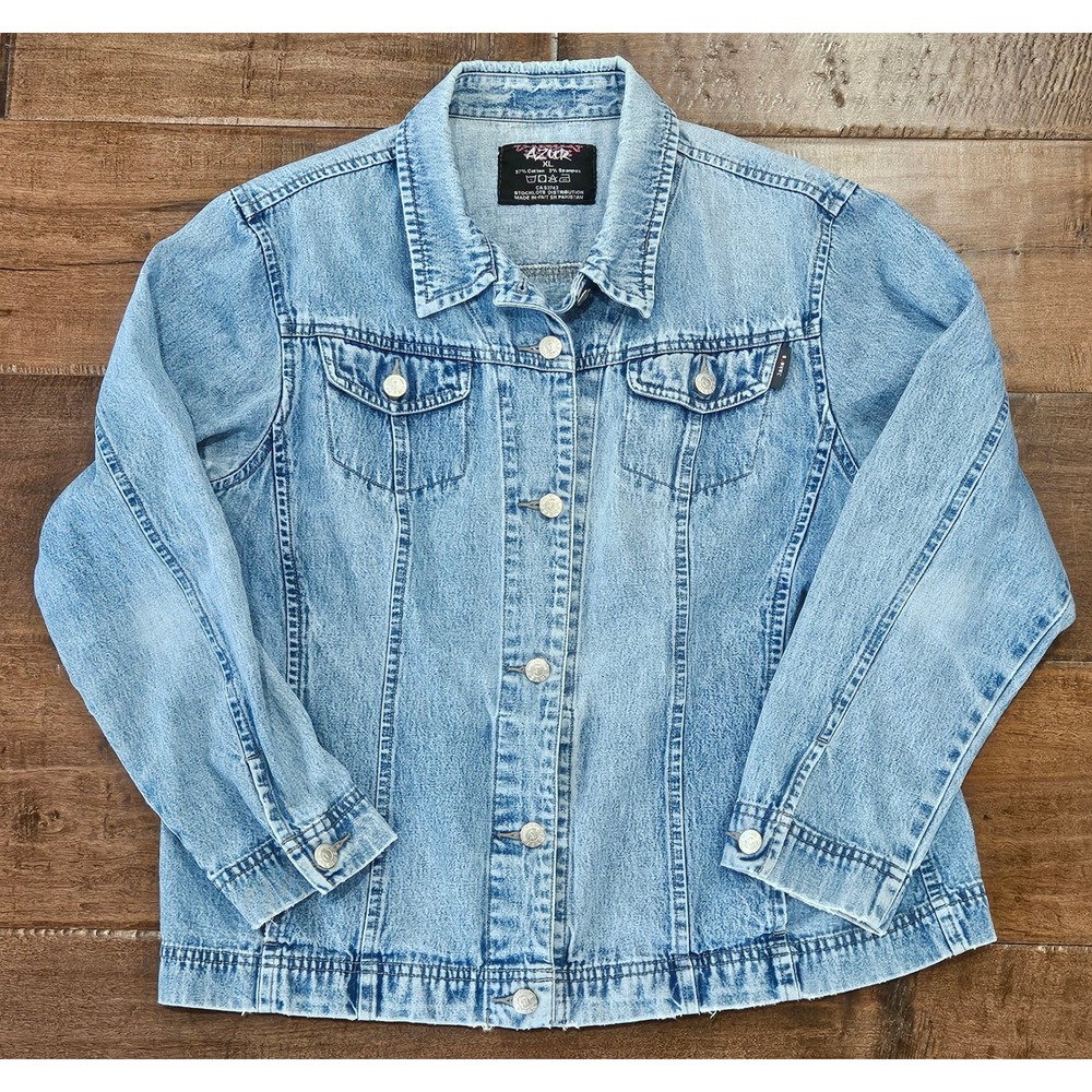 Y2K Grunge Distressed Light Wash Denim Trucker Shacket XL Streetwear